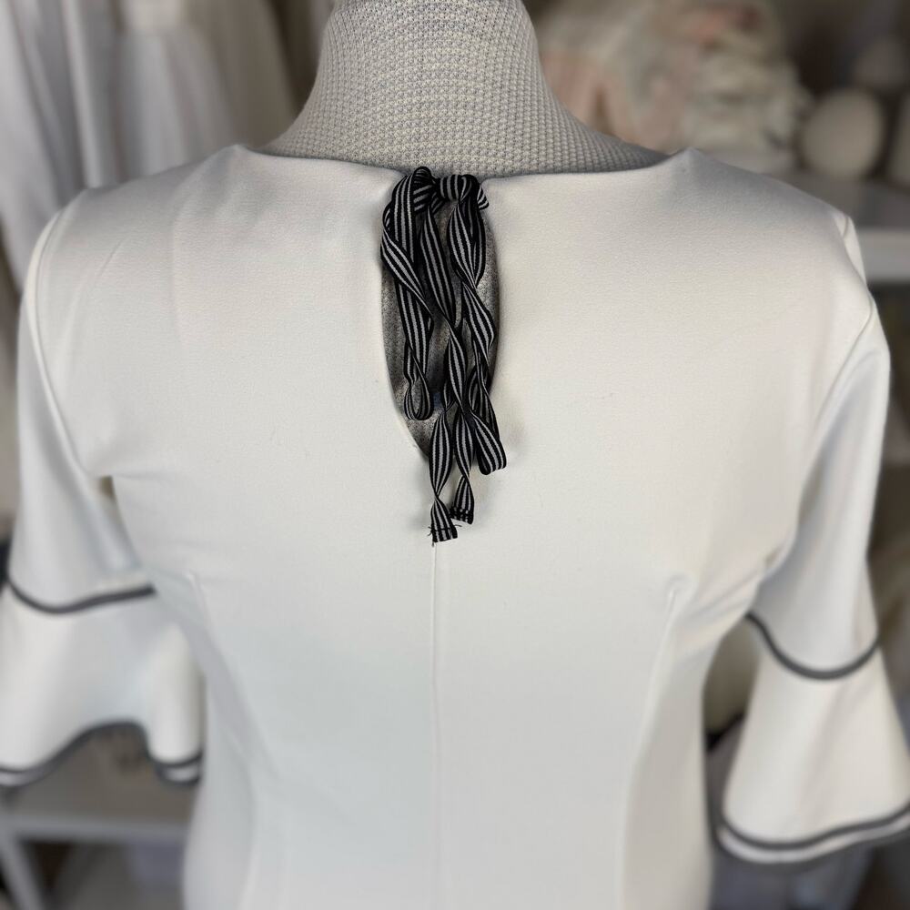 Sharagano Women's Size 12 Cream Gray Trimmed Bell Sleeve Shift Dress  3621 - Picture 4 of 9